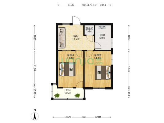 建筑一公司家属院(北院) 2室1厅1卫 58平方
