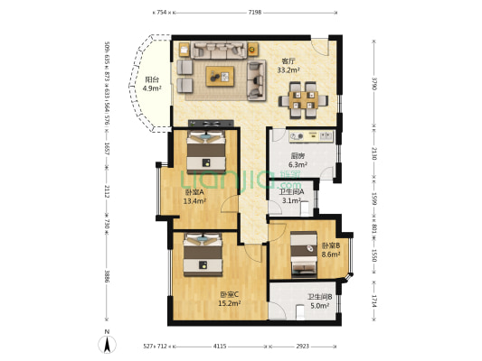 華庭轩一区 3室1厅2卫 121平方