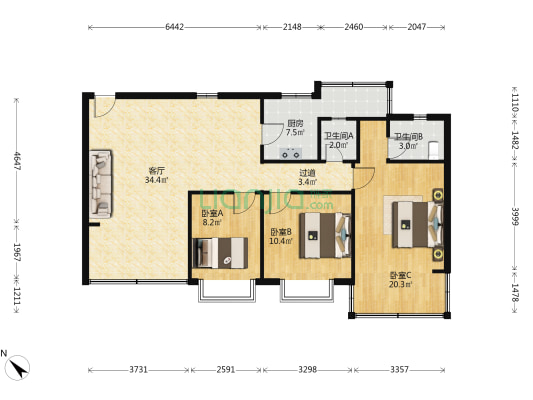 柏树林10到12号 3室1厅2卫 104平方