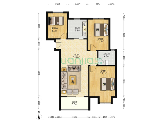 雅苑小区 3室1厅1卫 110平方
