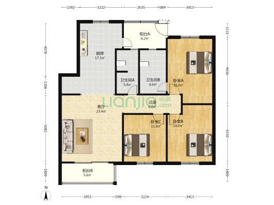 置信花园思华苑置信路 3室1厅2卫 129平方