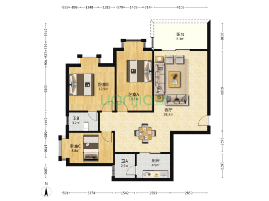 锦绣华庭 3室1厅2卫 116平方
