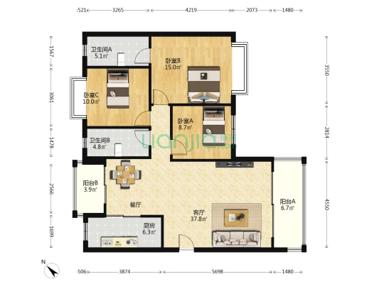 新锦安雅园二期 3室1厅2卫 119平方