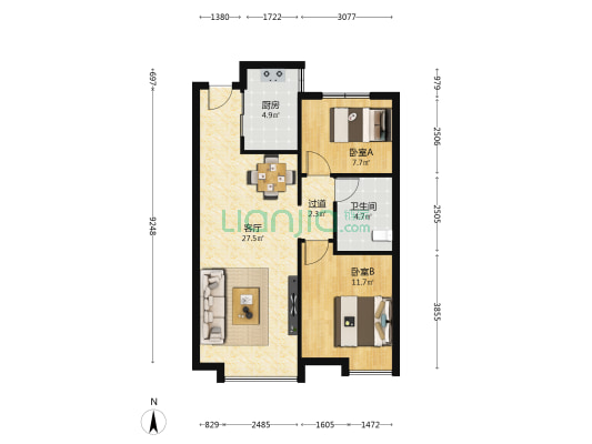 恒大珺睿府 2室1厅1卫 90平方