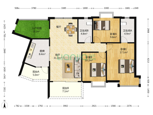 骏辉雅苑 3室1厅2卫 133平方