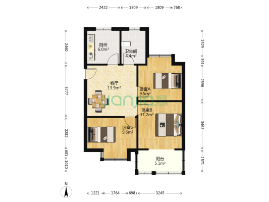 天景山公寓荣华苑 3室1厅1卫 77平方