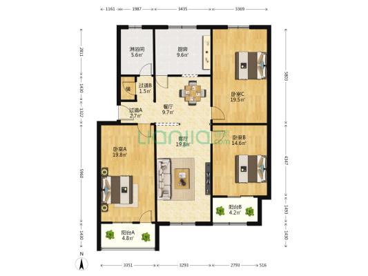 华宸阳光公寓 3室2厅1卫 134平方
