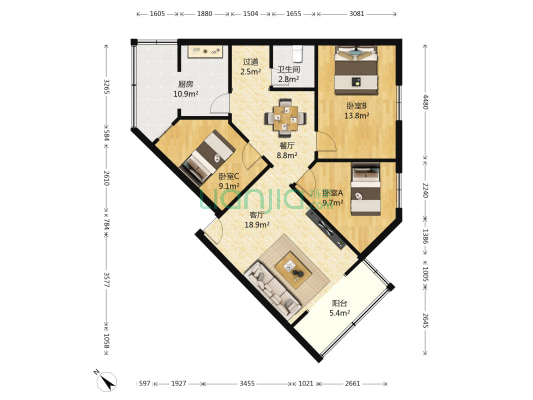 金沙春 3室2厅1卫 94平方