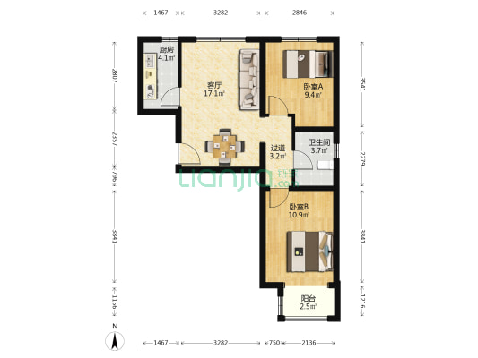 燕保百安家园3号院 2室1厅1卫 81平方