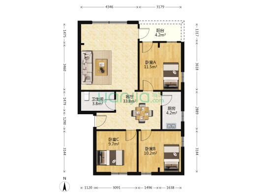 李屋组 3室1厅1卫 88平方