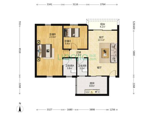 稻花村 2室1厅2卫 90平方