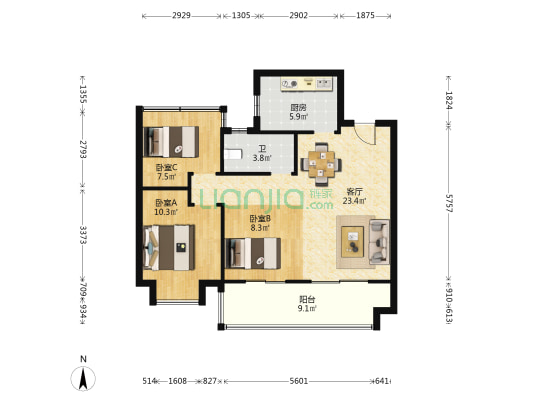 优步学府三期 3室1厅1卫 97平方