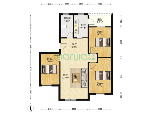 侨兴花园 3室2厅1卫 94平方
