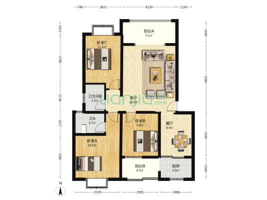 建设小区A区2区 3室2厅2卫 105平方