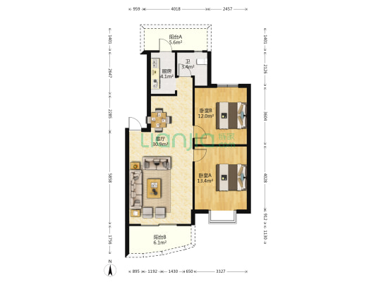 阳光绿城 2室1厅1卫 84平方