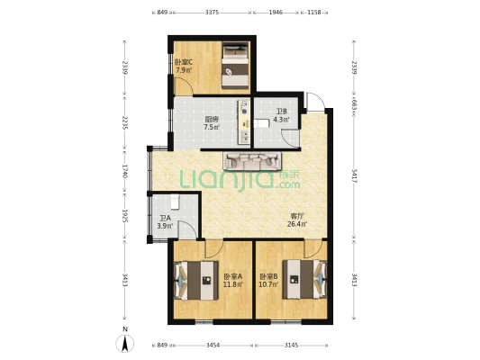 秦岭南路100号 3室1厅2卫 89平方
