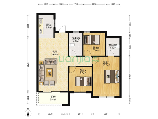 金光灿烂 3室1厅2卫 109平方