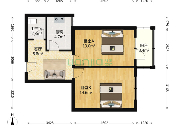 2室1廳1衛60.05㎡-北京蘋果園小區一區戶型圖