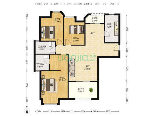 赛纳花苑 3室1厅2卫 121平方