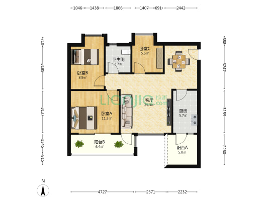 合生湖山国际4期峰景 3室1厅1卫 90平方