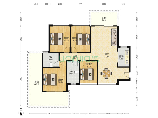 利亚·奥林花园 4室1厅2卫 121平方