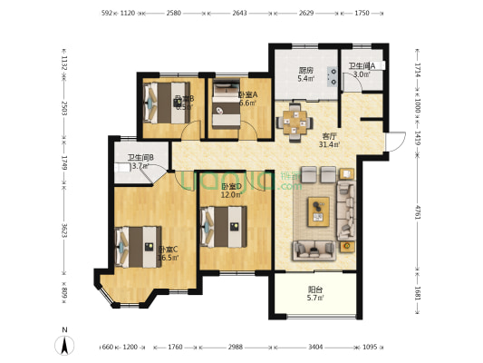 华鑫天域居 4室1厅2卫 118平方
