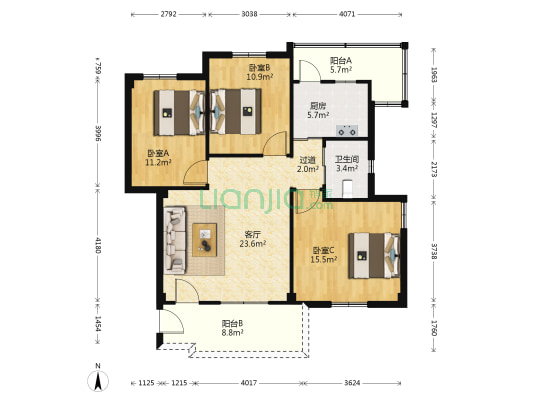 富丽家园 3室1厅1卫 102平方