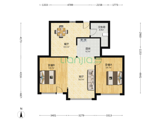 顺风公寓 2室2厅1卫 91平方