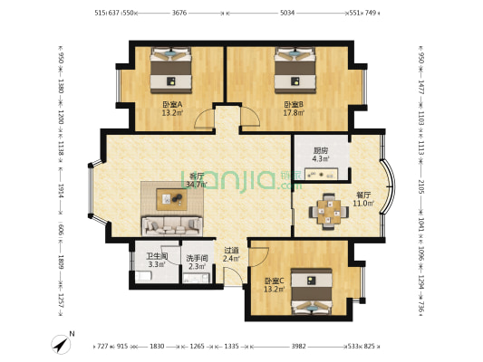 向阳三期 3室2厅2卫 116平方