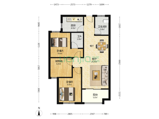 厚屿龙山苑 2室1厅2卫 90平方
