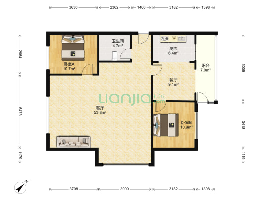 湖景春晓 2室2厅1卫 151平方