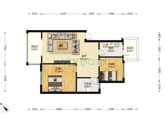 静苑 2室1厅1卫 80平方
