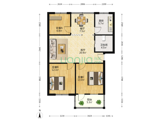 碧云南里 3室2厅1卫 91平方