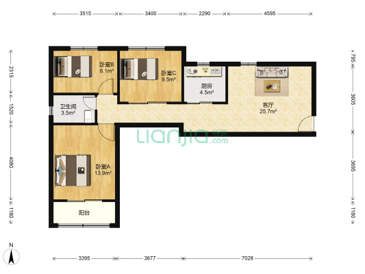 凌云公寓 3室1厅1卫 100平方