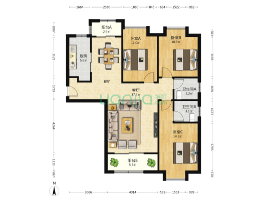 翔美公寓 3室1厅2卫 124平方