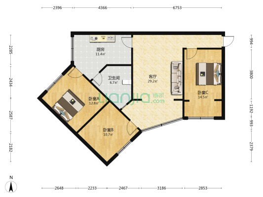 兴隆巷22号 3室1厅1卫 98平方
