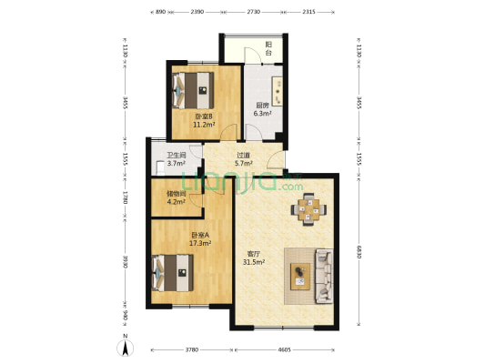 梁湖南苑 2室1厅1卫 101平方