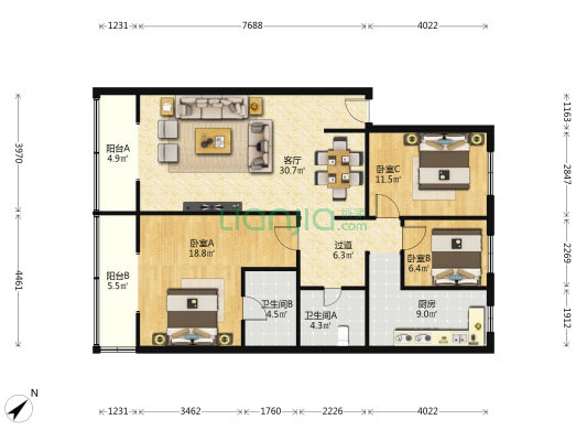 祥和苑东区 3室1厅2卫 123平方