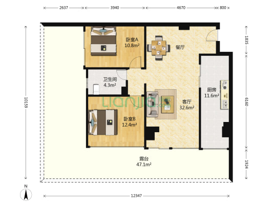 月光宝盒 2室1厅1卫 80平方