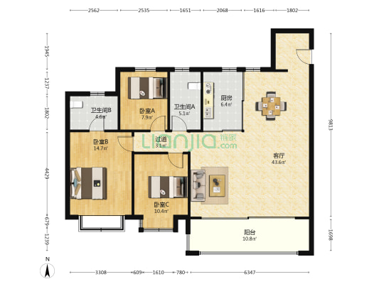 龙湖天璞 3室1厅2卫 140平方