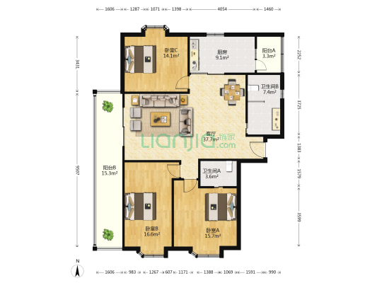 馨园公寓 3室1厅2卫 141平方