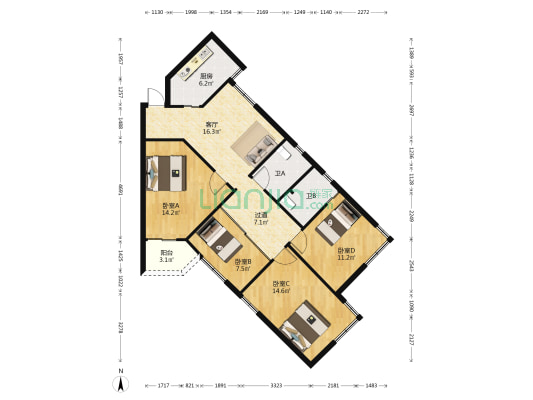 华光大厦 4室1厅2卫 121平方