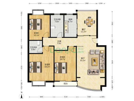 假日风景 3室2厅2卫 140平方