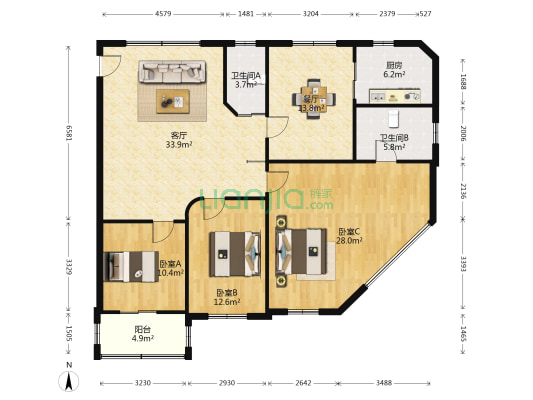 九村 3室2厅2卫 67平方