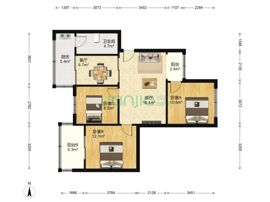 春雨新院 3室2厅1卫 91平方