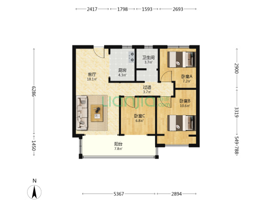 江山筑二号院 3室1厅1卫 89平方