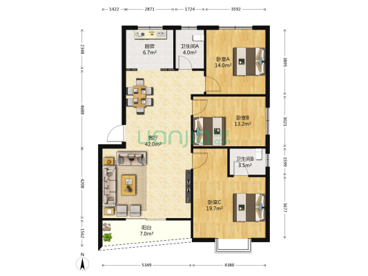 花园村小区 3室1厅2卫 123平方