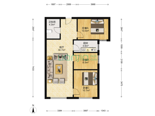 鸿坤理想湾全朝阳三居室，可贷款，证满二。-户型图