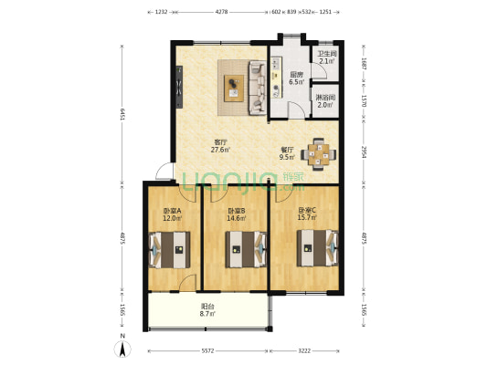 羽绒厂宿舍 3室2厅2卫 110平方