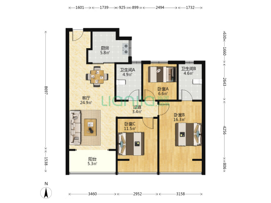 宝能郑州中心 3室1厅2卫 129平方